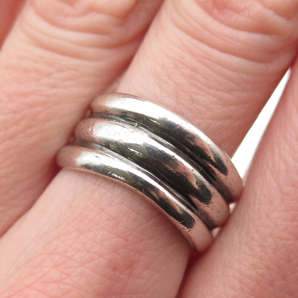 925 Sterling Silver Vintage Modernist Wavy Oxidized Ring Size 8